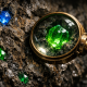 A magnifying glass focusing on a hidden glowing gem in a cave, representing how to use DexScreener to find low-cap crypto gems.
