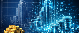 A blueprint of a skyscraper transforming into a digital blockchain node, representing tokenized rwa crypto projects.