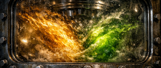 A heavy industrial centrifuge mixing volatile liquids, representing the extreme volatility of a solana liquidity pool.