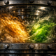 A heavy industrial centrifuge mixing volatile liquids, representing the extreme volatility of a solana liquidity pool.