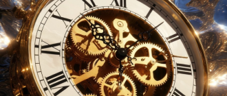 A mechanical clock warping into a black hole, representing the accelerated bitcoin halving 2028 impact on the 4-year cycle.
