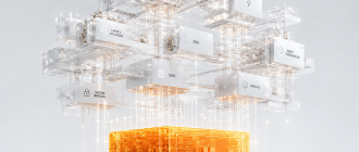 A glowing orange cube supporting sleek silver structures, representing a bitcoin layer 2 ecosystem and BitVM smart contracts.