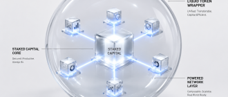 A central core powering multiple satellites inside a liquid glass sphere, representing liquid restaking crypto and LRT capital efficiency.