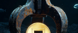 An industrial claw pulling a gold coin from the dark ocean floor, representing a crypto airdrop checker finding forgotten money safely.