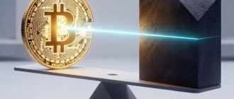 A perfectly balanced scale holding a spot asset and a futures contract, representing crypto basis trading and market neutrality.