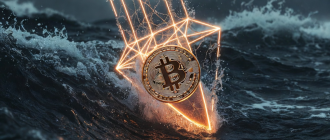 A falling Bitcoin caught by a glowing laser net over a stormy ocean, representing crypto options trading and portfolio hedging.