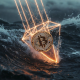 A falling Bitcoin caught by a glowing laser net over a stormy ocean, representing crypto options trading and portfolio hedging.