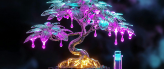 A futuristic metallic bonsai tree dripping glowing dew drops into a vial, symbolizing crypto points farming and hyper-structures.