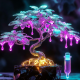 A futuristic metallic bonsai tree dripping glowing dew drops into a vial, symbolizing crypto points farming and hyper-structures.