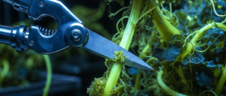 Robotic shears pruning glowing vines, representing mechanical discipline in crypto portfolio rebalancing.