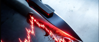 A surgical scalpel cutting a bleeding digital chart line, representing precise crypto risk management and position sizing.