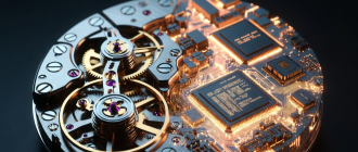 Macro photography of mechanical gears blending into a microchip, representing algorithmic precision and a crypto trading bot python.