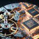 Macro photography of mechanical gears blending into a microchip, representing algorithmic precision and a crypto trading bot python.