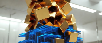 Abstract geometric gold blocks flowing into a financial grid, representing crypto vc trends 2026 and institutional capital allocation.