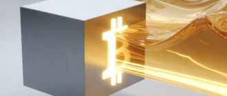 A solid asset splitting into a silver cube and gold wave, representing crypto yield trading and principal tokenization.