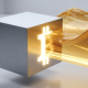 A solid asset splitting into a silver cube and gold wave, representing crypto yield trading and principal tokenization.