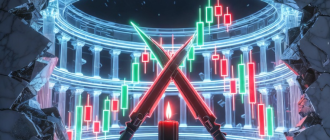 A holographic trading arena breaking out of a marble bank vault, representing a decentralized perp exchange.