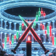 A holographic trading arena breaking out of a marble bank vault, representing a decentralized perp exchange.