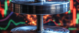 A stable titanium gyroscope spinning against a chaotic market background, representing a delta neutral crypto strategy.