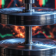 A stable titanium gyroscope spinning against a chaotic market background, representing a delta neutral crypto strategy.