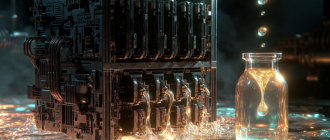 A metallic server rack extracting liquid metal into a vial, symbolizing depin yield farming and real-world cash flows.