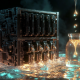A metallic server rack extracting liquid metal into a vial, symbolizing depin yield farming and real-world cash flows.