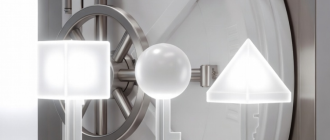 Abstract 3D keys unlocking a pristine vault, representing a gnosis safe guide and multi-sig security.