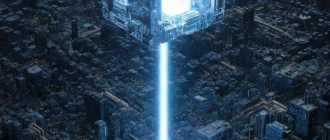 A pristine floating factory suspended over a chaotic city, representing layer 3 crypto explained and application specific chains.