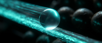 A glowing titanium sphere racing on a fiber-optic rail, symbolizing move language crypto and object-centric architecture.