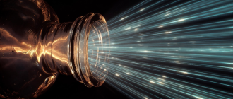 A single light beam splitting into multiple ultra-fast parallel lasers, representing parallel EVM explained and high-speed blockchain execution.