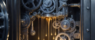 A mechanical device extracting liquid gold inside a steel vault, representing safe stablecoin yield farming.