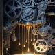 A mechanical device extracting liquid gold inside a steel vault, representing safe stablecoin yield farming.