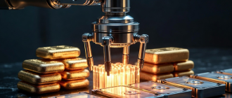 A titanium mechanical arm sorting gold ingots and data drives, representing ai agent crypto tokenomics and autonomous value generation.