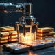 A titanium mechanical arm sorting gold ingots and data drives, representing ai agent crypto tokenomics and autonomous value generation.