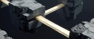 Brutalist concrete monoliths connected by glowing liquid bridges, representing cross chain liquidity routing.