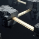 Brutalist concrete monoliths connected by glowing liquid bridges, representing cross chain liquidity routing.
