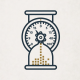Flat vector illustration of a safe dial and hourglass, representing a crypto time lock vault for inheritance.