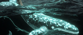 A glowing magnifying glass revealing luminous whales underwater, symbolizing how to use arkham intelligence to track smart money.