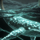 A glowing magnifying glass revealing luminous whales underwater, symbolizing how to use arkham intelligence to track smart money.