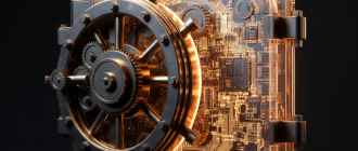 A solid gold bank vault door morphing into a silicon microchip, representing institutional stablecoins 2026 and bank-backed digital dollars.