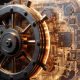 A solid gold bank vault door morphing into a silicon microchip, representing institutional stablecoins 2026 and bank-backed digital dollars.