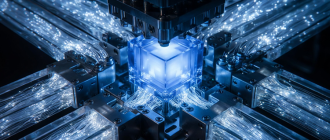 Titanium switches sorting glowing light streams into a dense cube, symbolizing the mev supply chain crypto and block building.