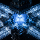 Titanium switches sorting glowing light streams into a dense cube, symbolizing the mev supply chain crypto and block building.