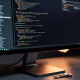 A sleek monitor displaying amber terminal code and a steel cryptographic key, representing a smart contract bridge cli.