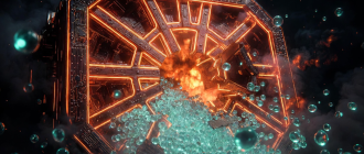 A glowing vault door bursting open, releasing a flood of cyan spheres, symbolizing a token unlock crypto event and supply shock.