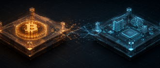 3D isometric schematic showing the structural decoupling of Bitcoin from technology assets.