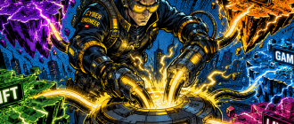 Dynamic comic book style art of a crypto engineer unifying fragmented blockchain islands.