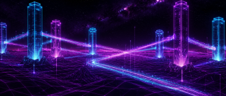 A neon synthwave wireframe terminal grid displaying programmatic cross-chain routes.