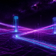 A neon synthwave wireframe terminal grid displaying programmatic cross-chain routes.