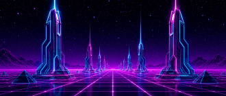 Retro-futuristic synthwave wireframe grid representing crypto validator economics.